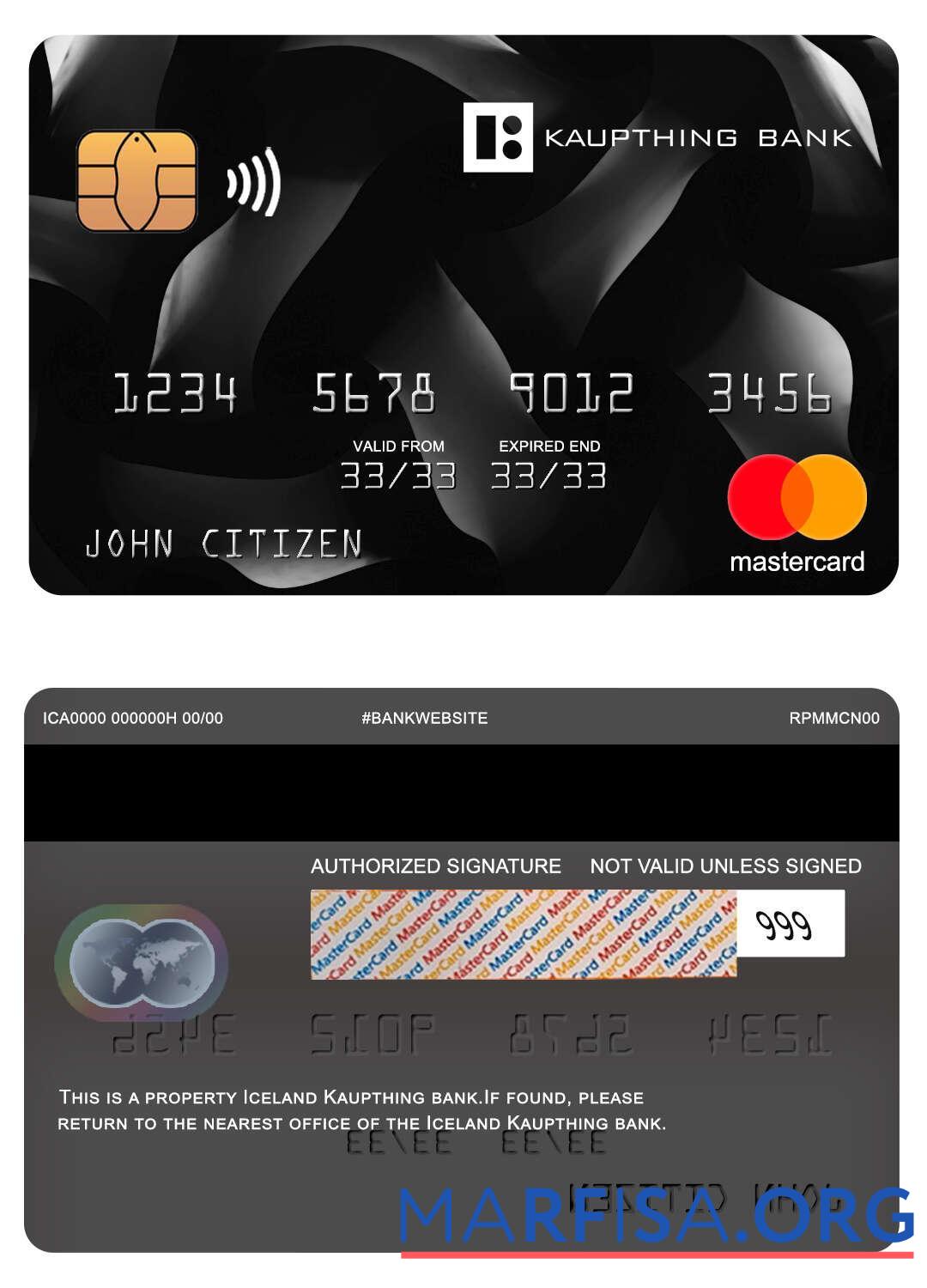 Printable Iceland Kaupthing bank mastercard sample